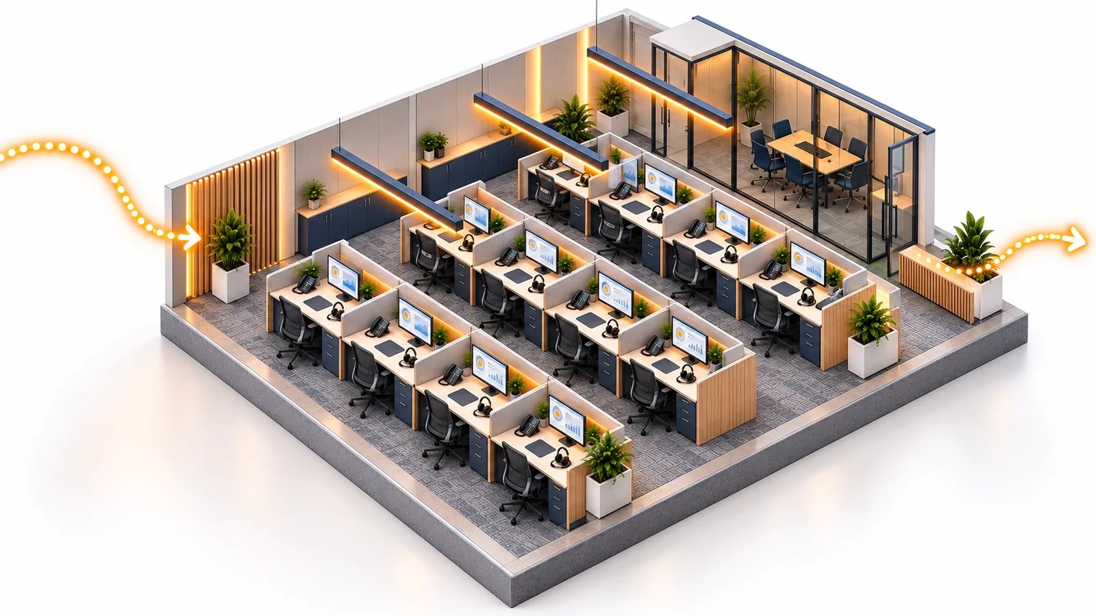 Illustrated cutaway of the DSPro call floor, with calls, messages and web forms arriving and jobs going out to the tech